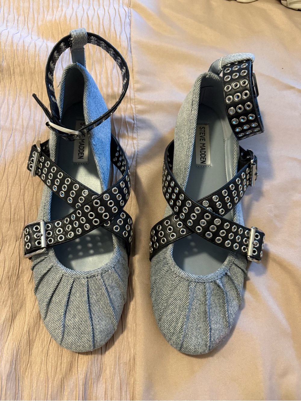 Steve Madden Light Blue Denim Ballet Flats with Studded Black Straps